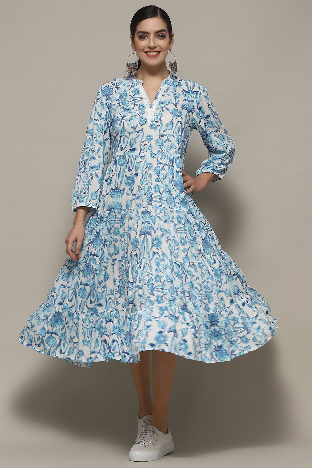 White and Blue Cotton Floral Tiered Dress image number 0