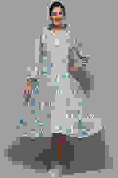 White and Blue Cotton Floral Tiered Dress image number 0