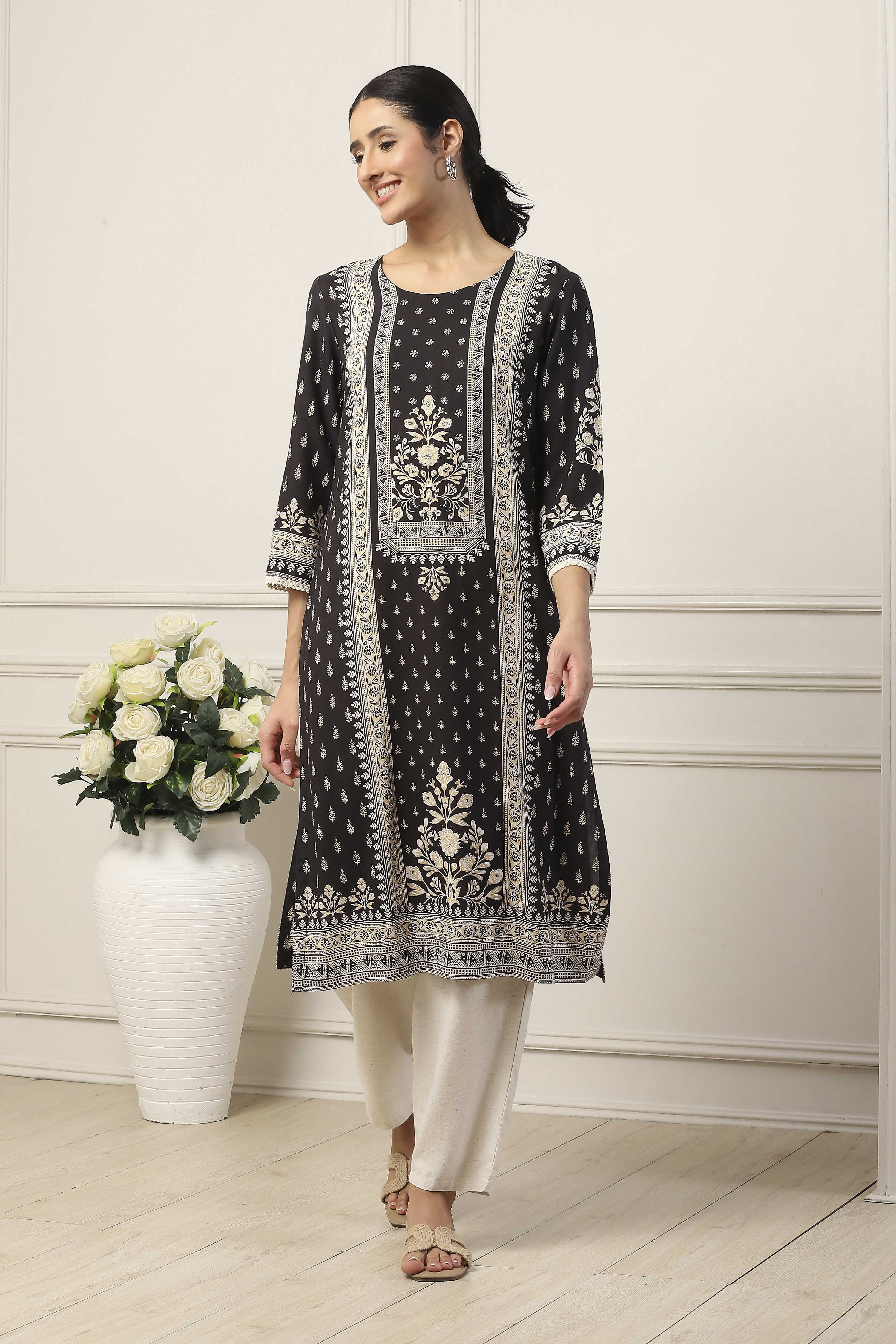 Black Viscose Rayon Ethnic Motif Printed Straight Kurta image number 5