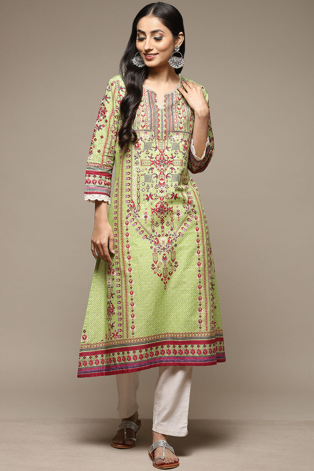 Green Cotton Straight Printed Kurta image number 0