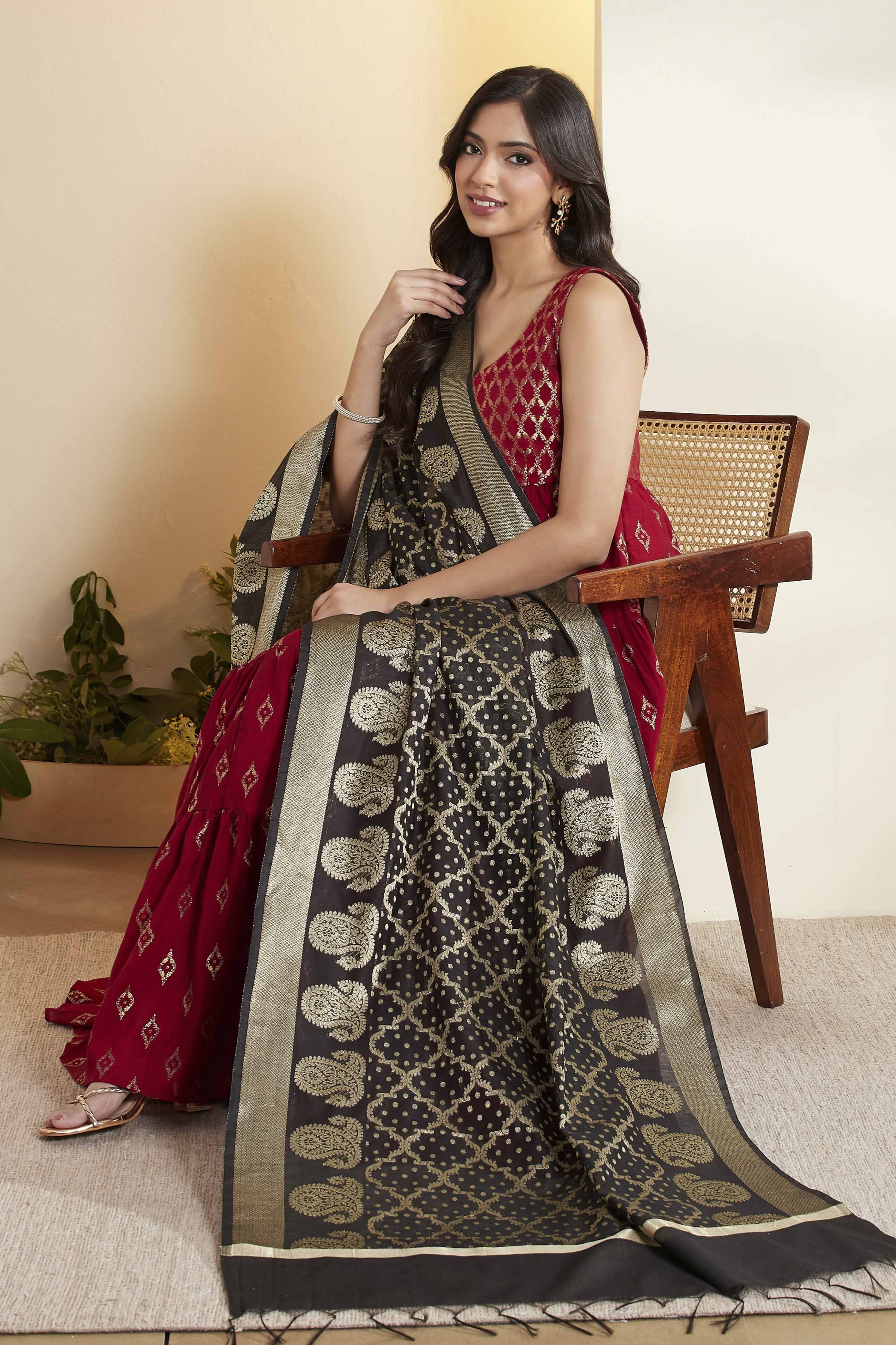 Black Poly Woven Design Dupatta image number 0