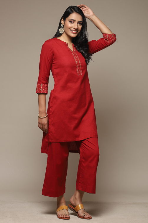 Blue Cotton Blend Straight Kurta Palazzo Suit Set image number 0