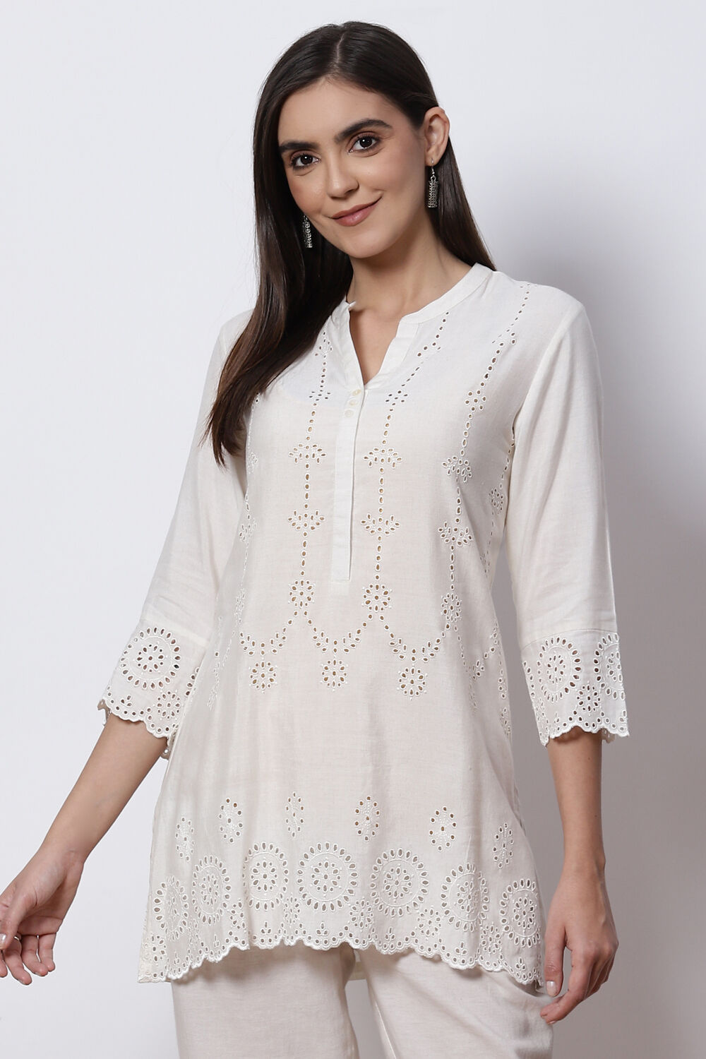 Natural White LIVA Short Solid Kurti image number 0