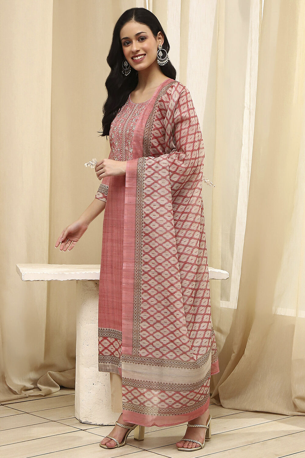 Peach Cotton Screen Print Unstitched Suit Set image number 4