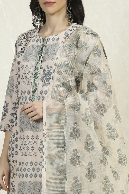 White Blue Cotton Digital Print Unstitched Suit Set image number 2