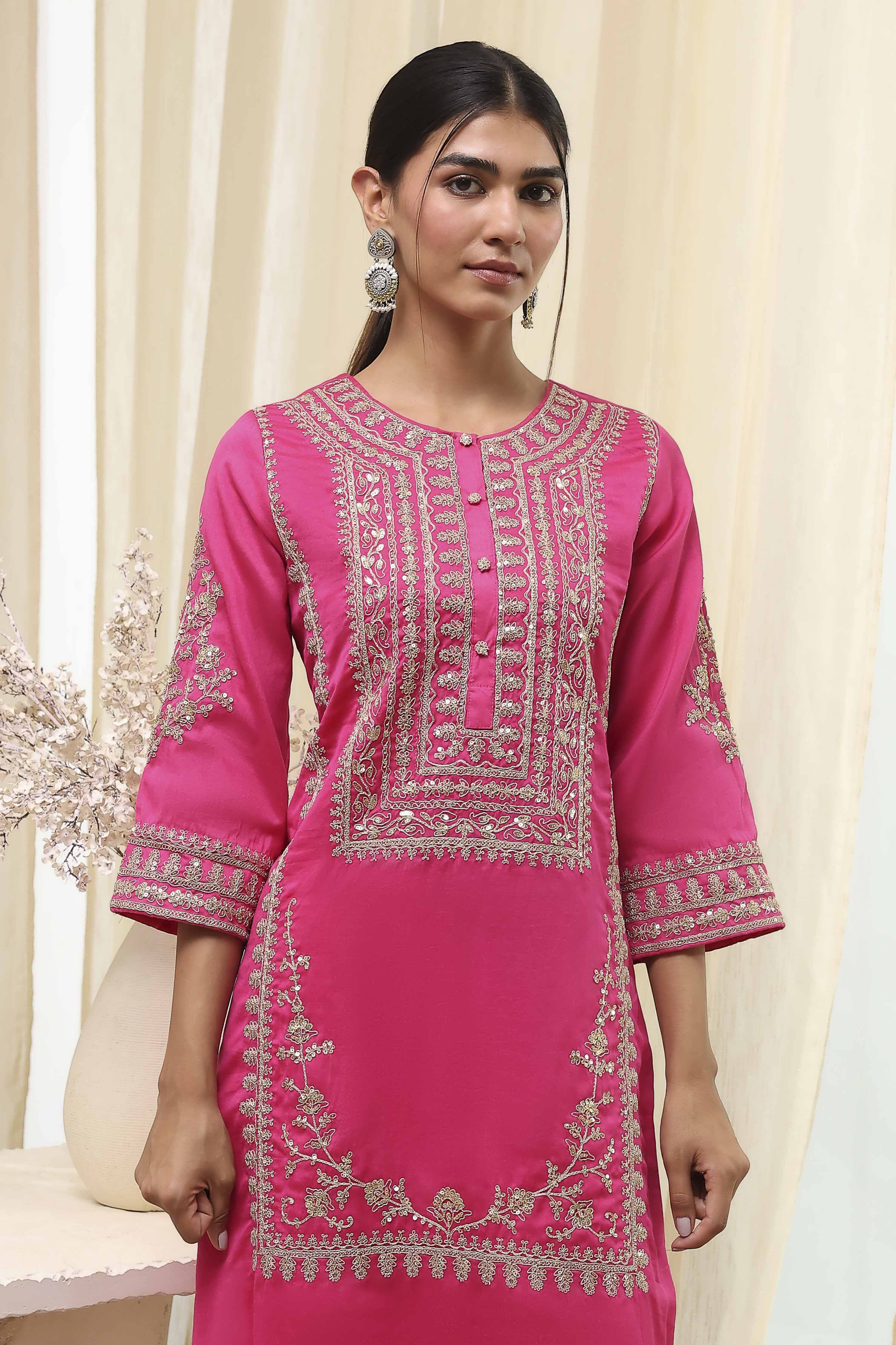 Fuchsia Cotton Silk Straight Suit Set image number 1