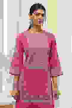 Fuchsia Cotton Silk Straight Suit Set image number 1