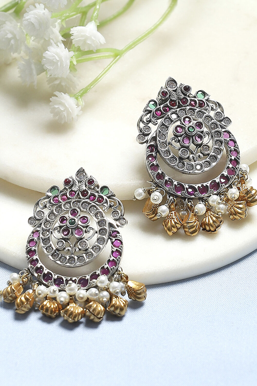 Green Pink Stone Embellished Earrings image number 0