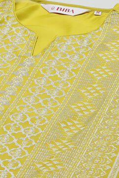 Lime Green Cotton Blend Layered Kurta Churidar Suit Set image number 1