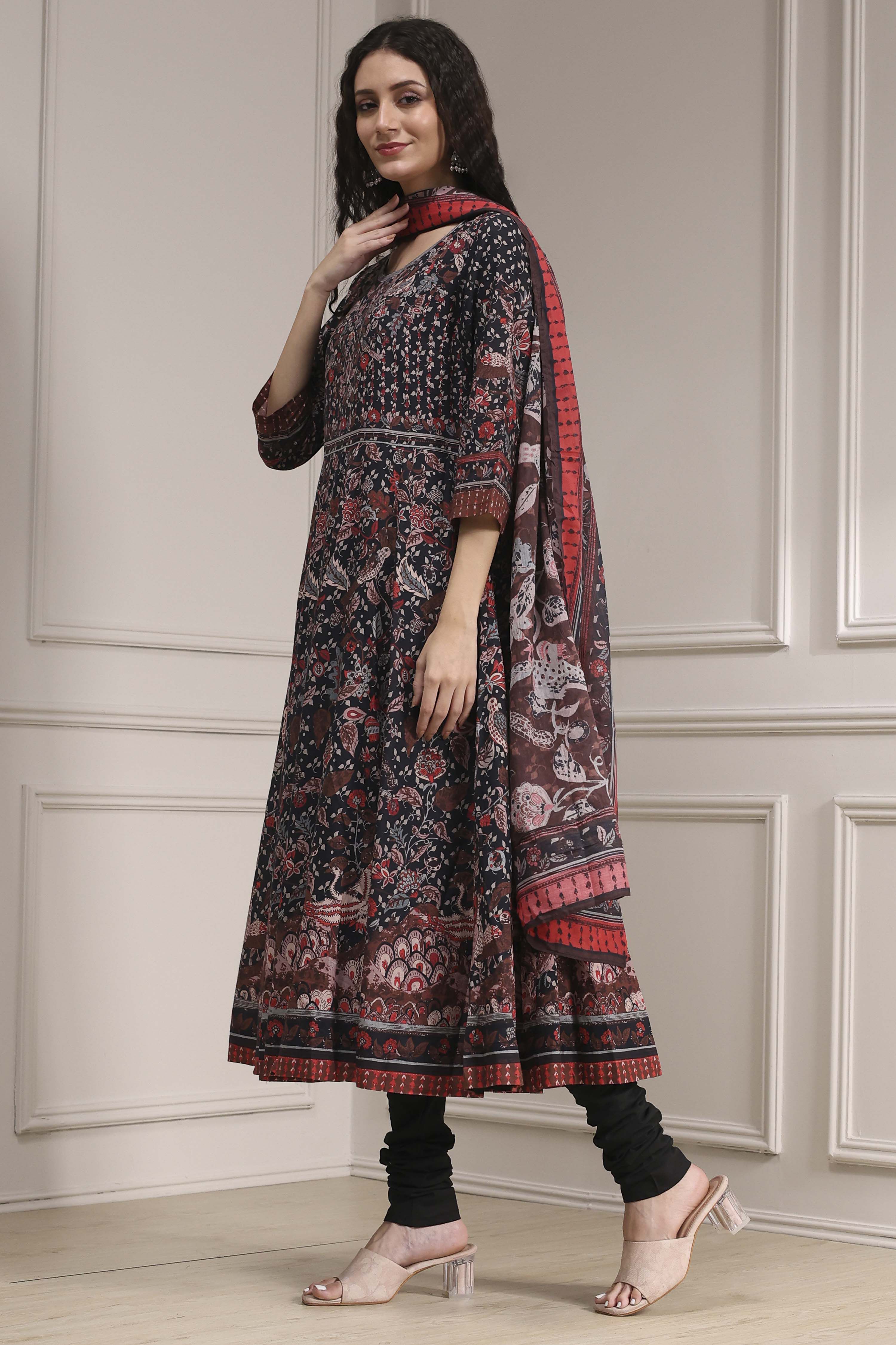 Black Cotton Fitted Anarkali Suit Set image number 3