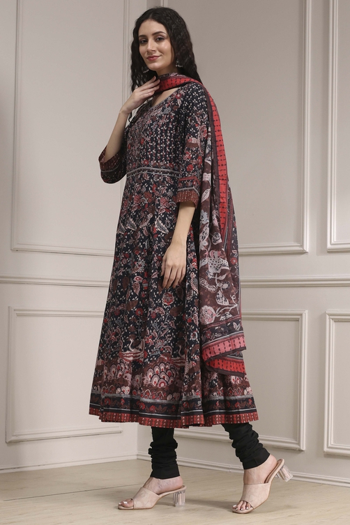 Black Cotton Fitted Anarkali Suit Set image number 3