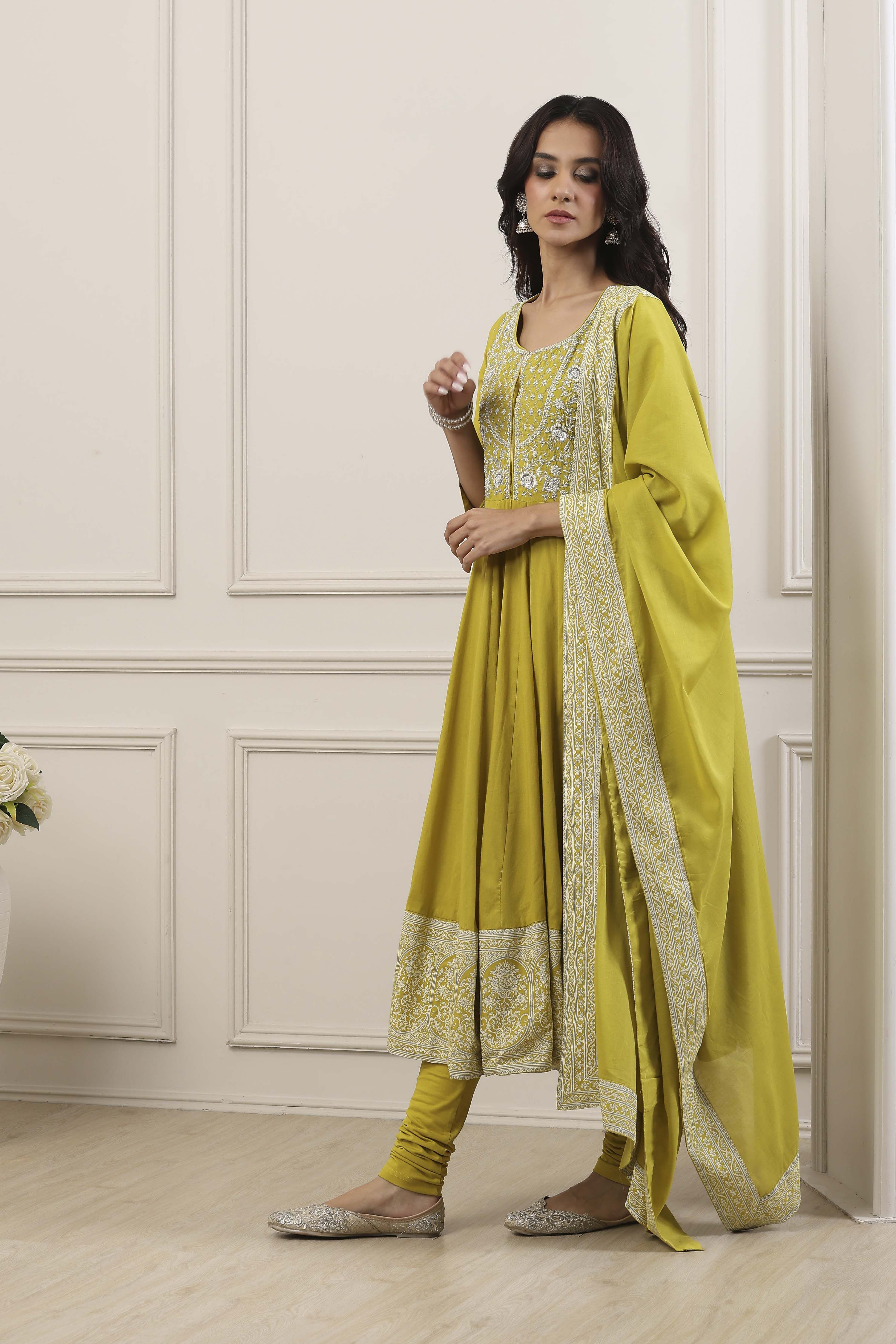 Green Cotton Kalidar Suit Set image number 4