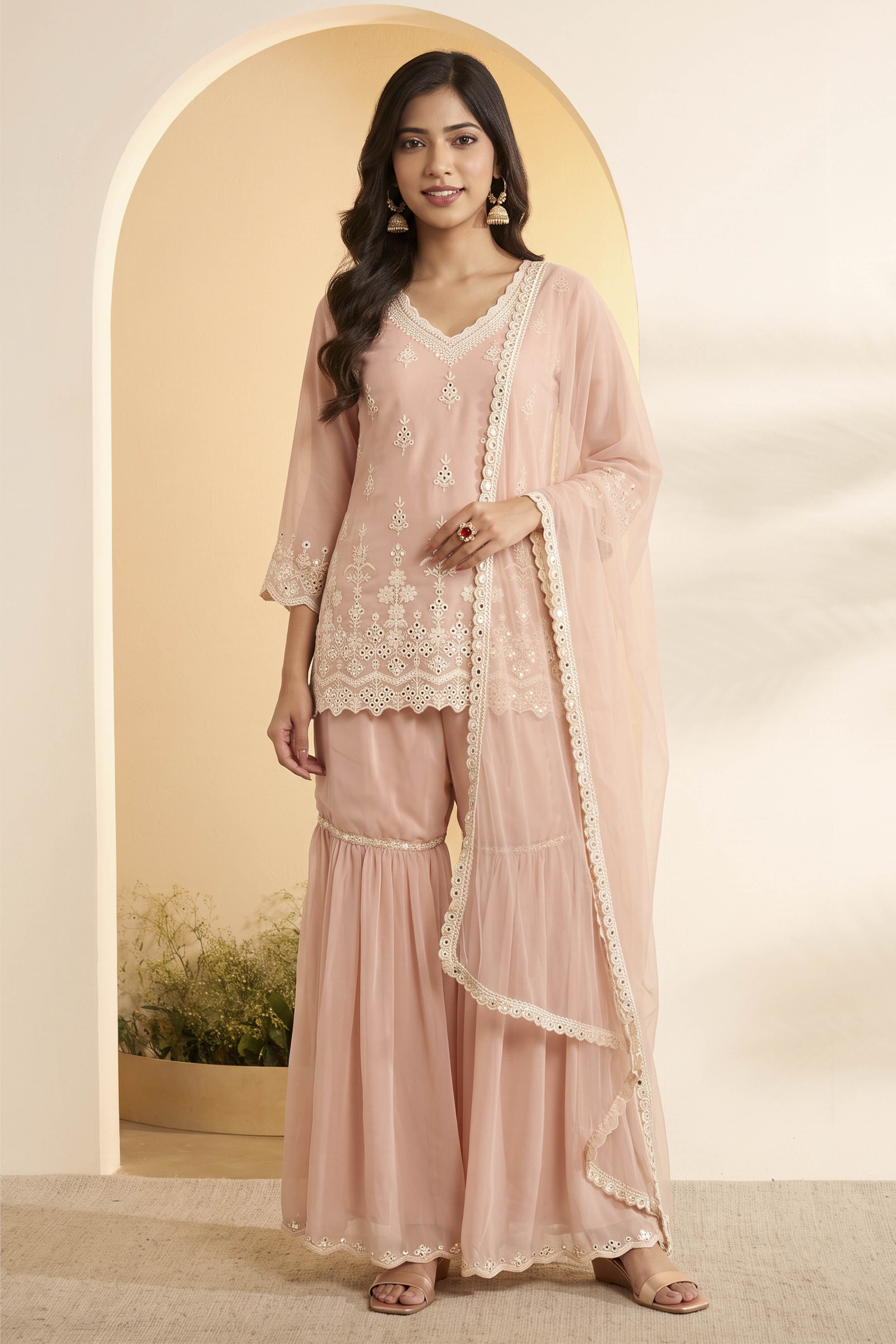 Blush Pink Embroidered Sharara Set with Net Dupatta image number 5