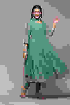 Sea Green Polyester Anarkali Kurta Churidar Suit Set image number 6