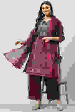 Wine Cotton Straight Kurta Slim Pants Suit Set image number 4