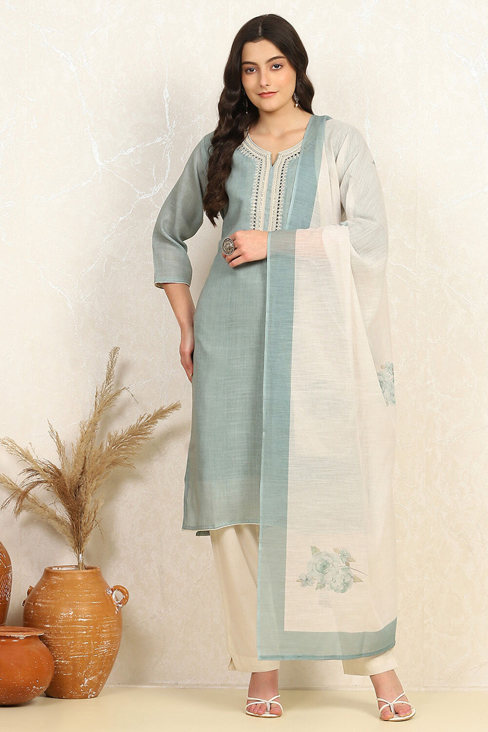 Teal Cotton Unstitched Suit Set image number 7