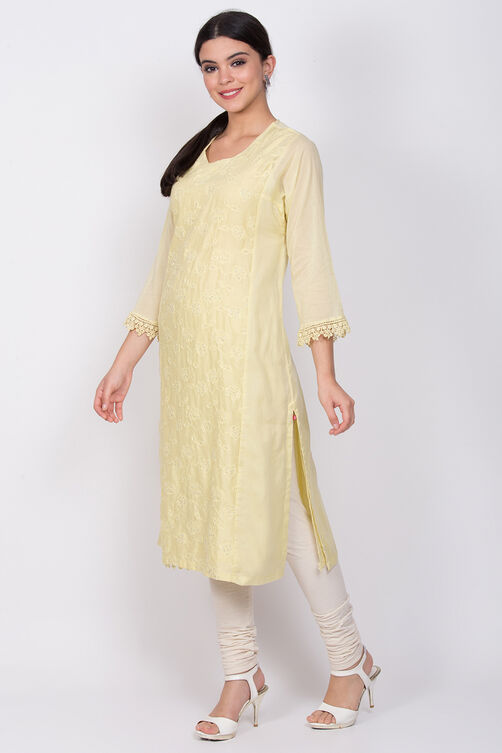 Yellow Cotton Chikankari Embroidered Kurta image number 3