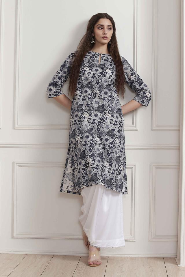 BIBA Blue Cotton Straight Kurta in Blue