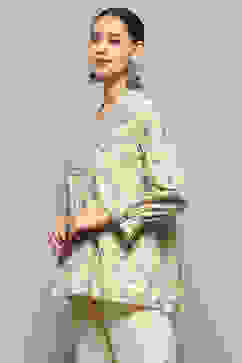 Beige Cotton Floral Printed A-Line Kurti image number 3