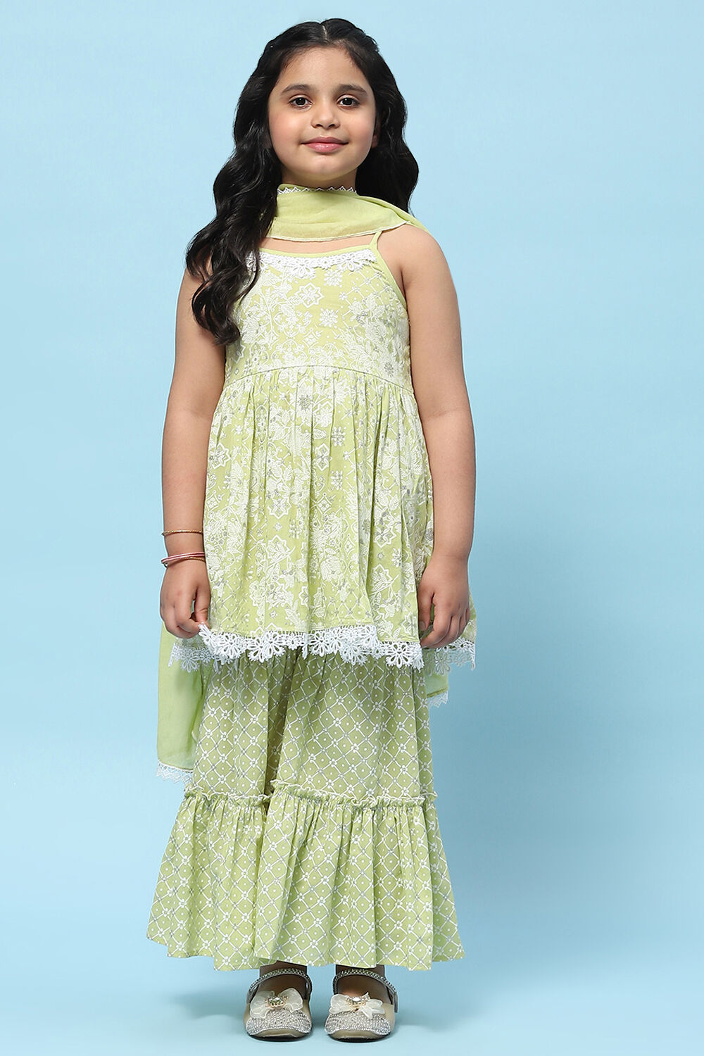 Green Cotton Floral Printed Strappy Peplum Suit Set image number 7