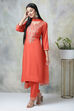 Saffron Rayon Straight Kurta Pants Suit Set image number 4