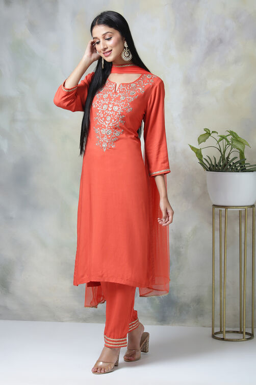 Saffron Rayon Straight Kurta Pants Suit Set image number 4