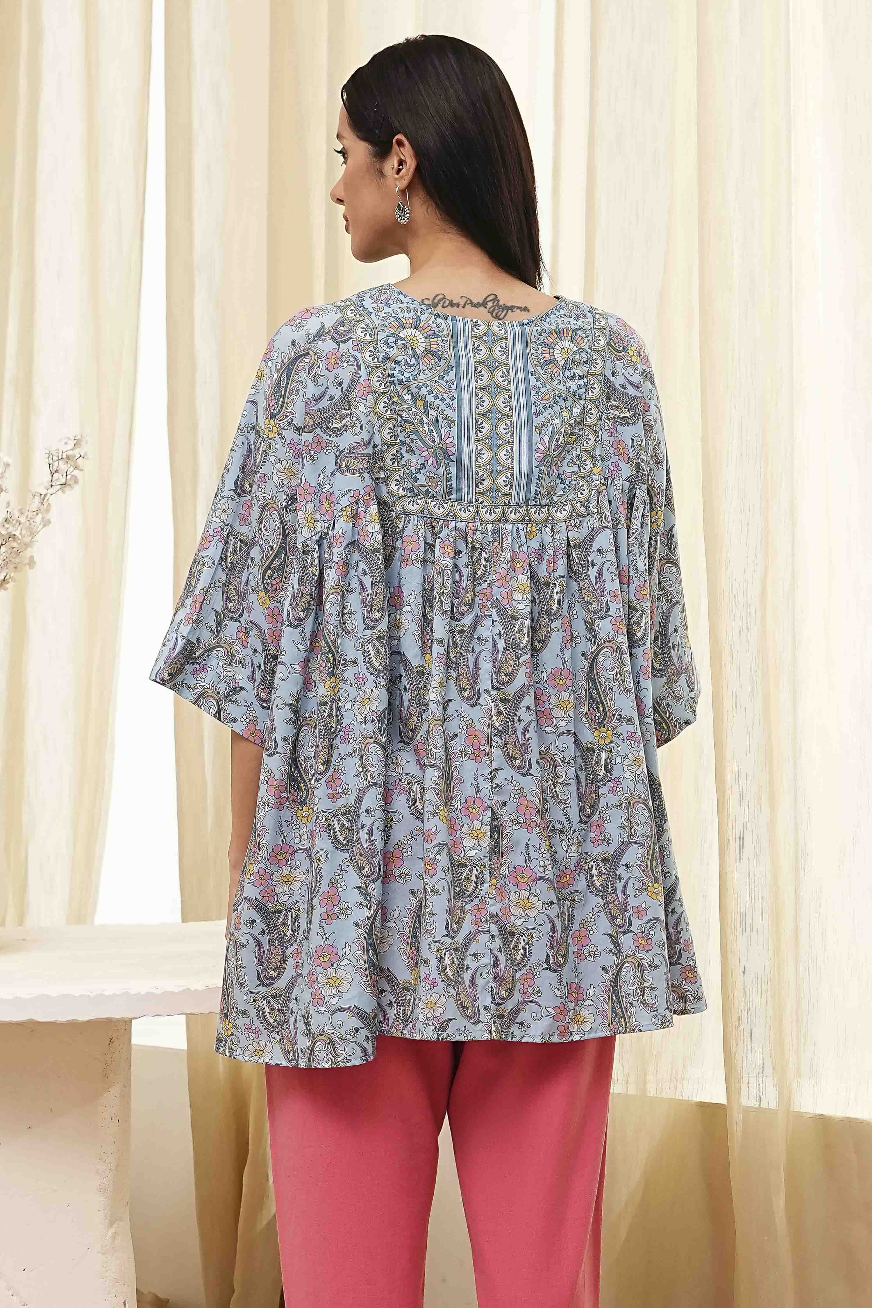 Dull Blue Cotton Flared Short Kurta image number 3