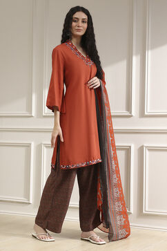 Orange Viscose Straight Solid Suit Set image number 5