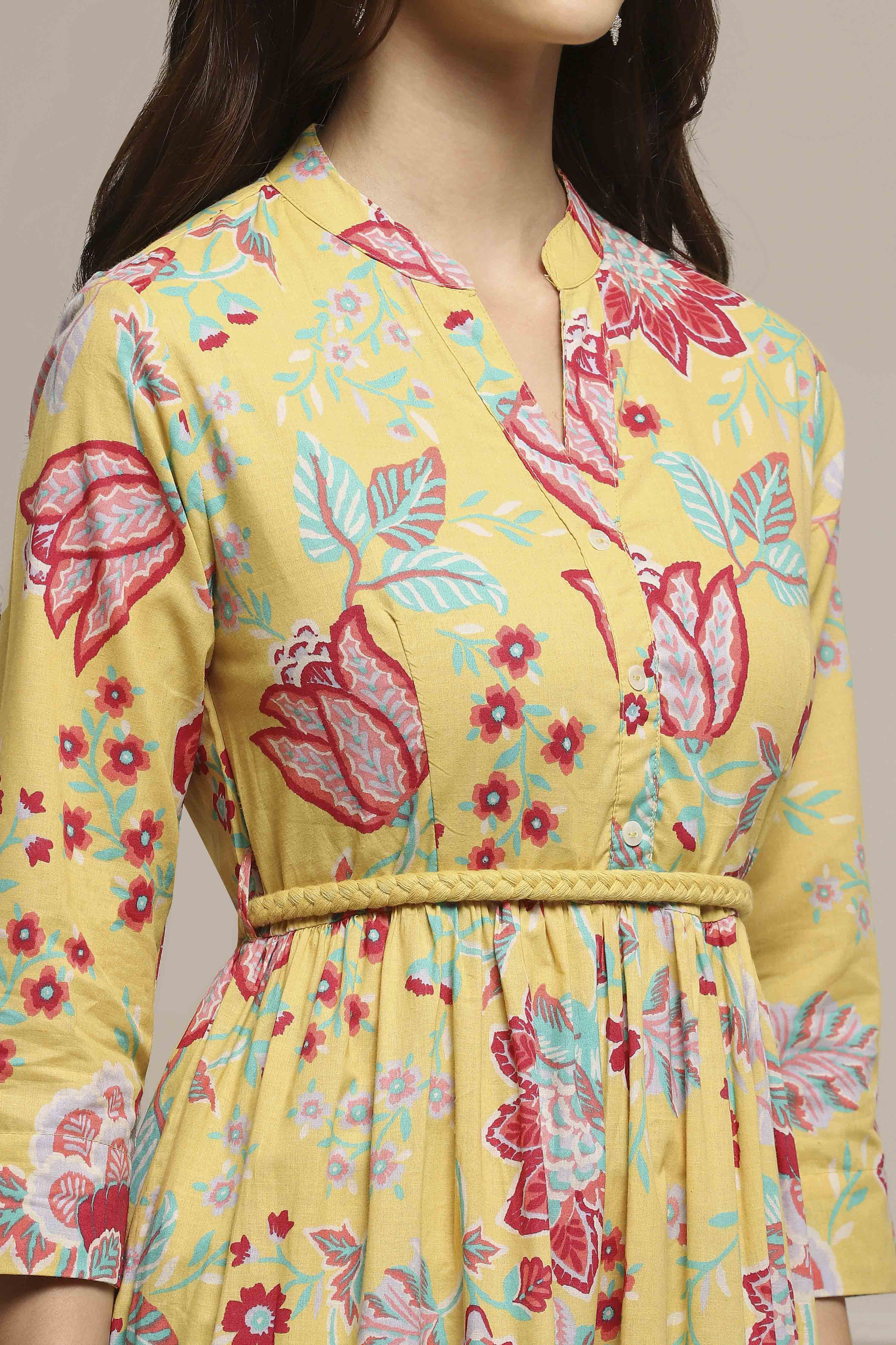 Earthy Blue Cotton Floral Tiered Dress image number 1