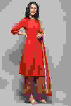 Orange Cotton Pleated Kalidar Suit Set image number 7