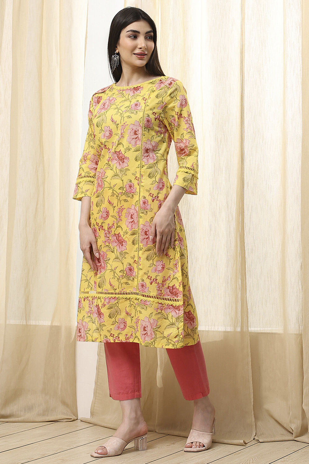 Pink Cotton Straight Printed Kurta image number 2