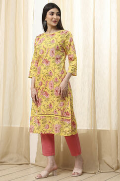 Yellow Cotton Straight Printed Kurta image number 2