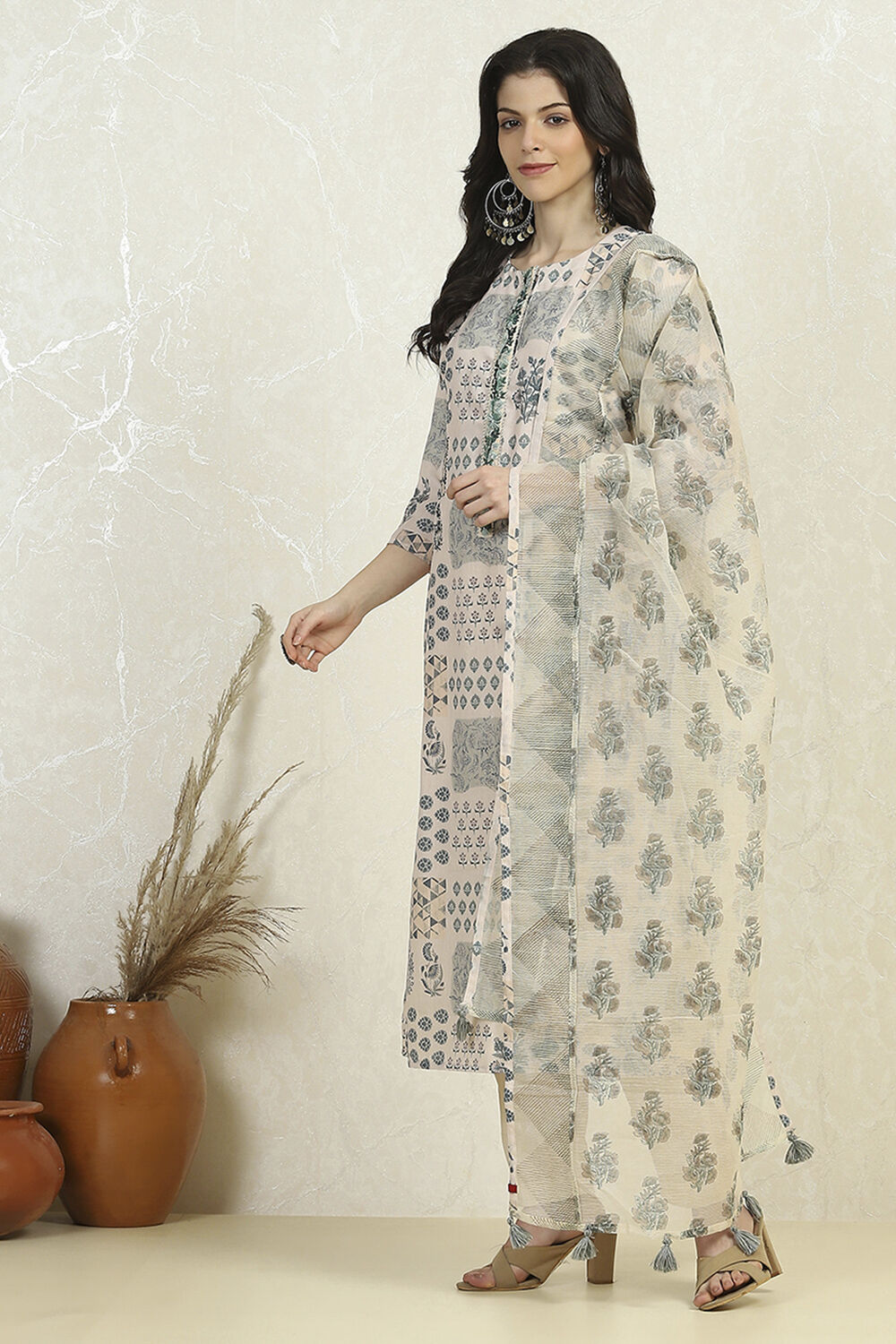 White Blue Cotton Digital Print Unstitched Suit Set image number 4