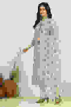 White Blue Cotton Digital Print Unstitched Suit Set image number 4