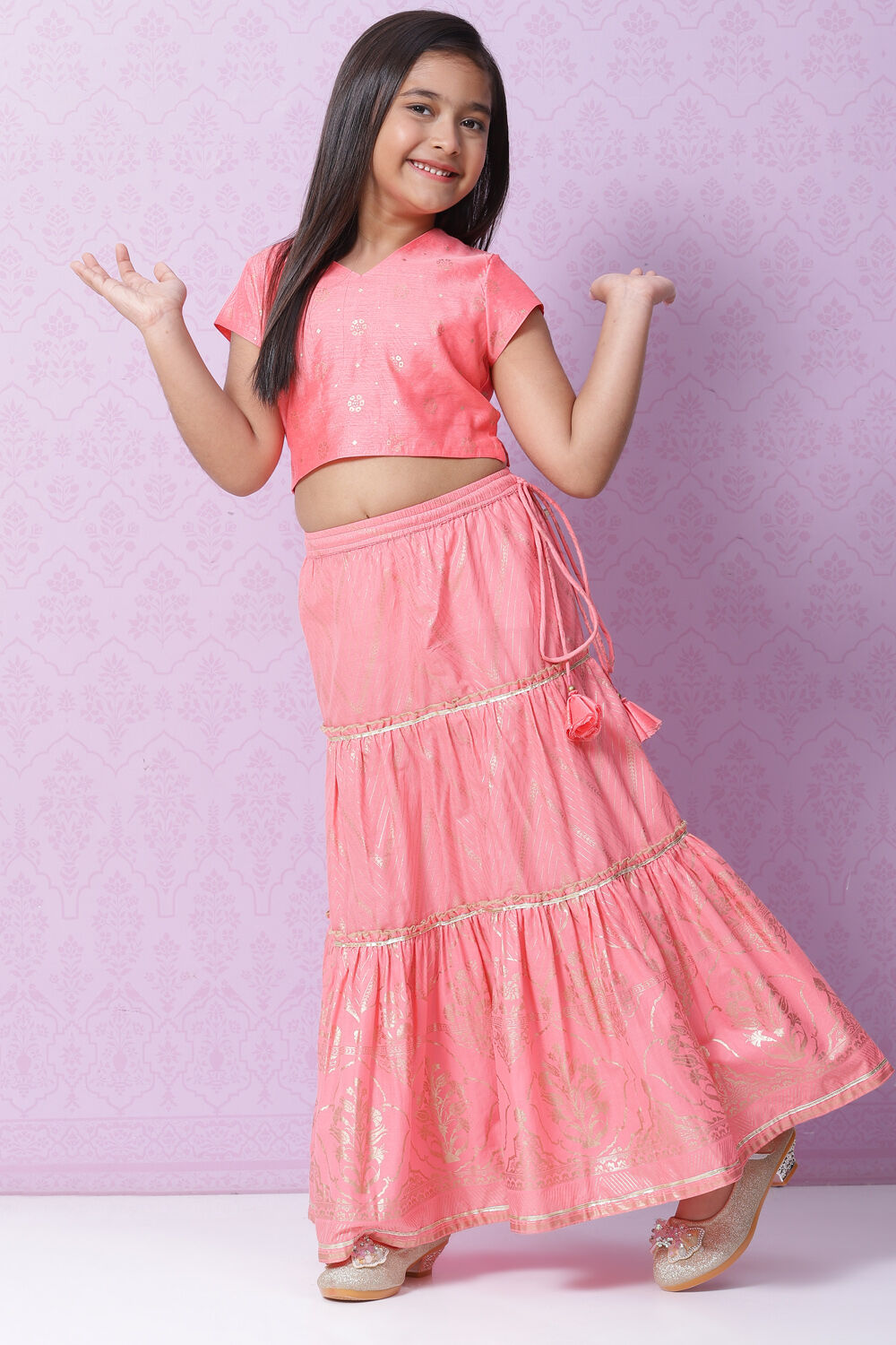 Red Art Silk Printed Short Top Lehenga Set image number 6