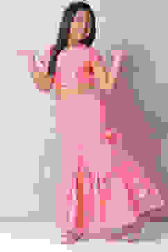 Peach Art Silk Printed Short Top Lehenga Set image number 6