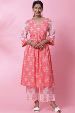 Peach Cotton Flared Kurta Set image number 0