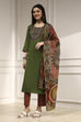 Green Cotton Hand Block Print Unstitched Suit Set image number 4