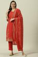 Red Cotton Straight Kurta Pants Suit Set image number 0