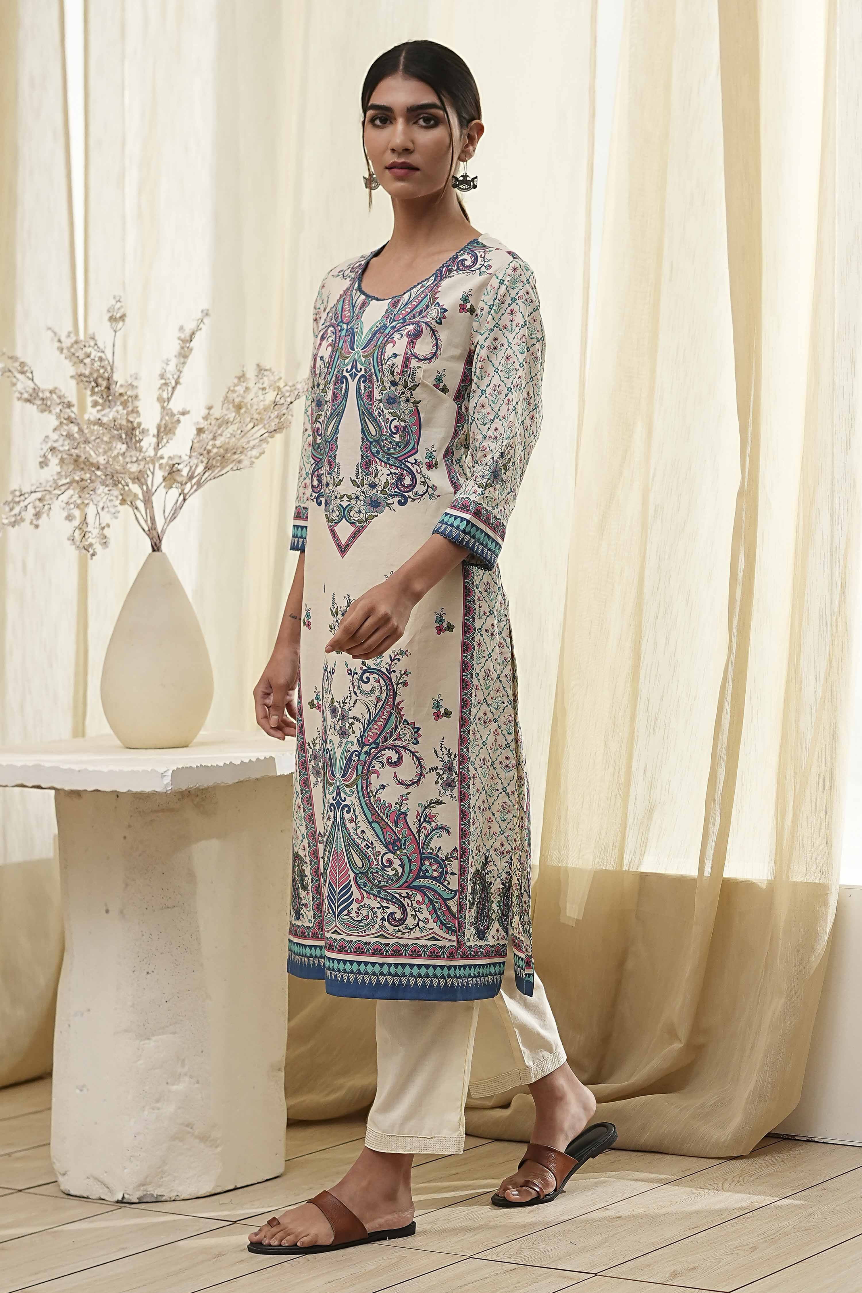 Blue Pure Cotton Printed Straight Kurta image number 2
