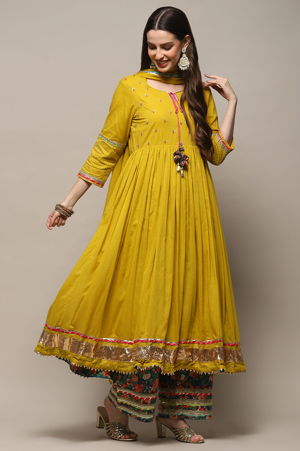 Lime Green Cambric Anarkali Kurta Palazzo Suit Set image number 6