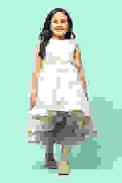 Beige Polyester Gathered Printed Dress image number 5