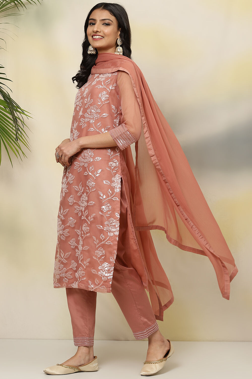 Dusky Pink Art Silk Straight Kurta Regular Pant Suit Set image number 5