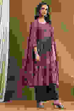 Charcoal and Pink Cotton Printed Anarkali Suit Set image number 5