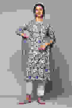 White & Blue Rayon Gathered Kurta Pants Suit Set image number 0