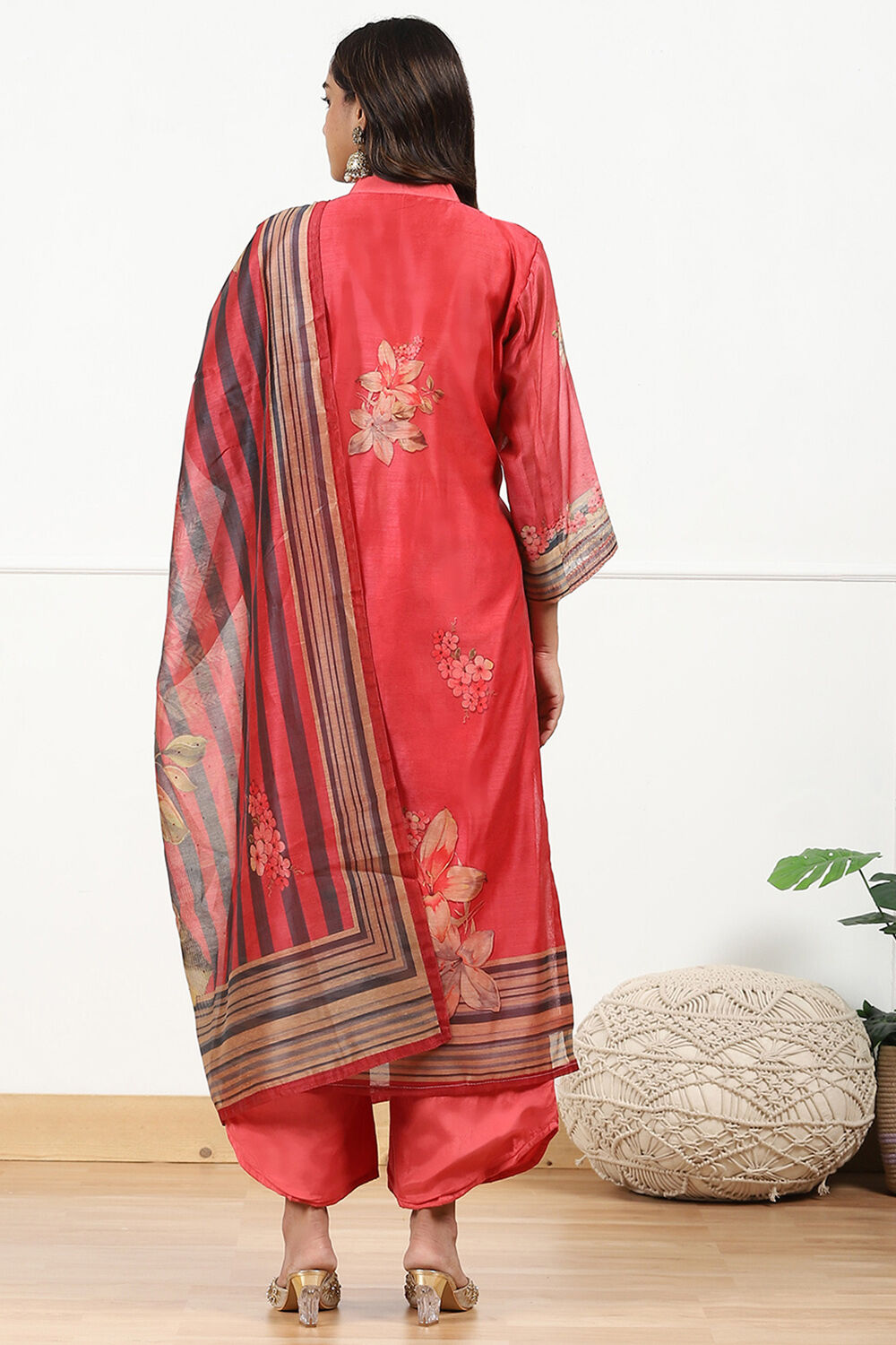 Blue Chanderi Floral Printed Unstitched Suit Set image number 4