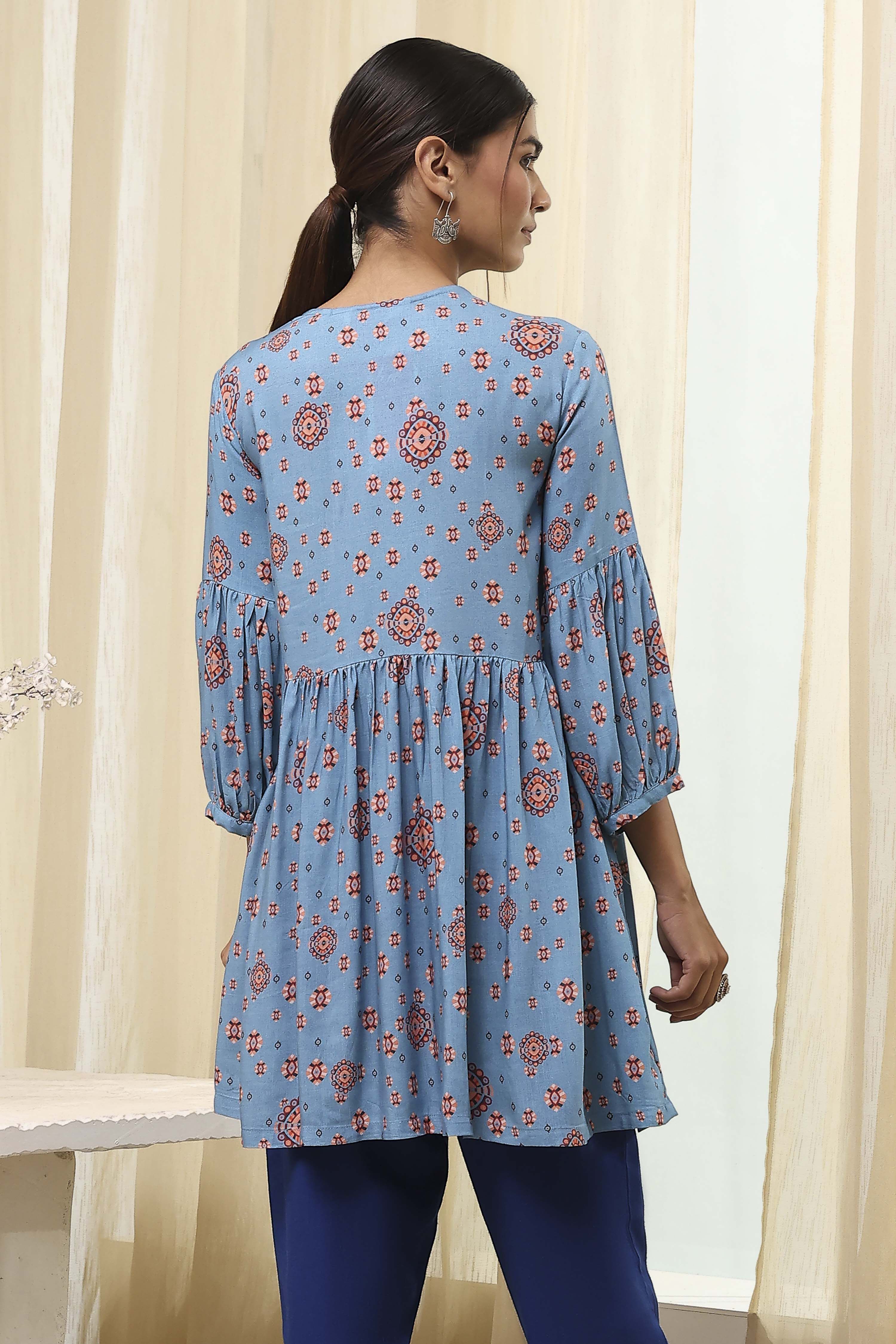 Dull Blue Printed Short Kurta image number 3