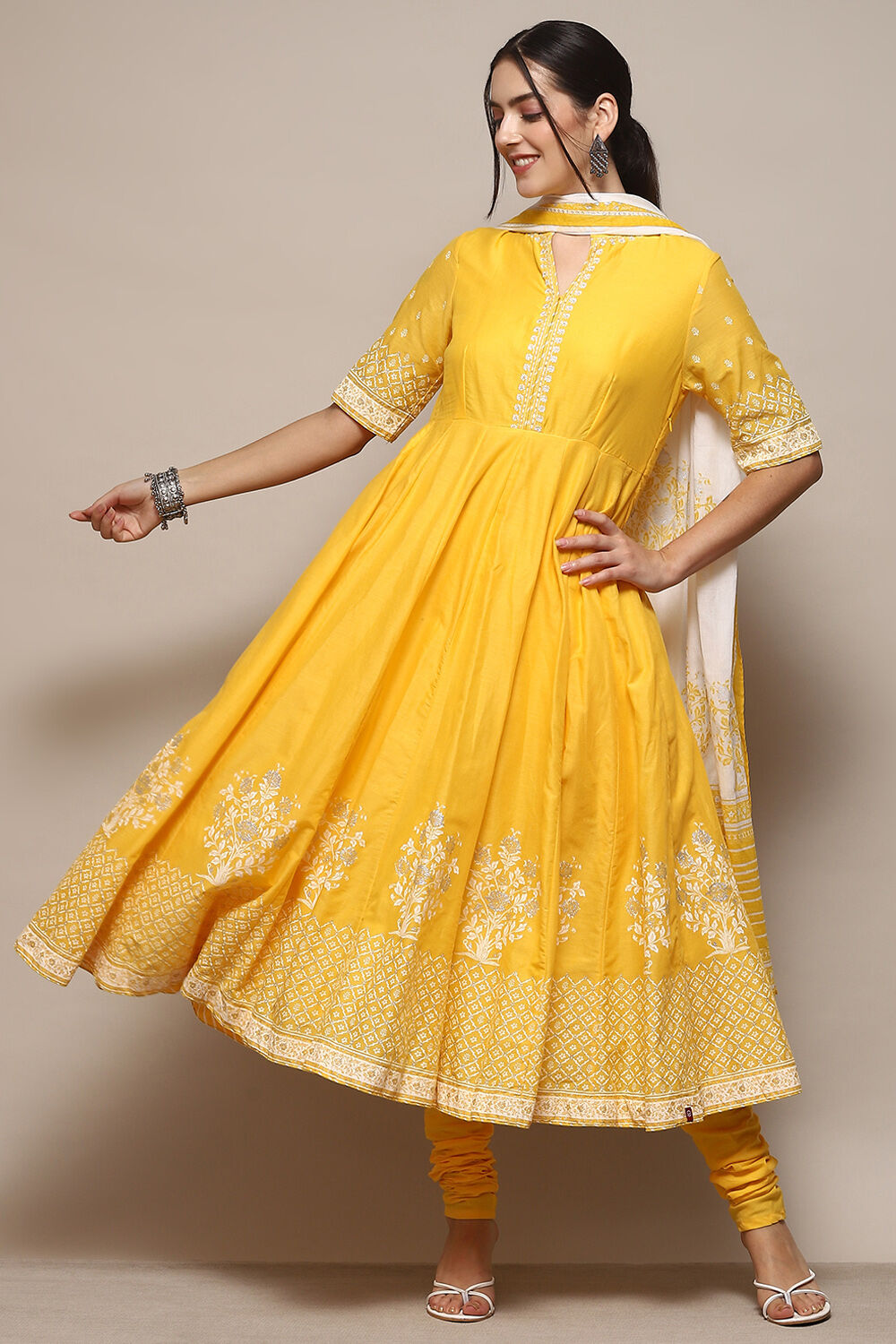 Black Cotton Anarkali Printed Kurta Churidar Suit Set image number 0