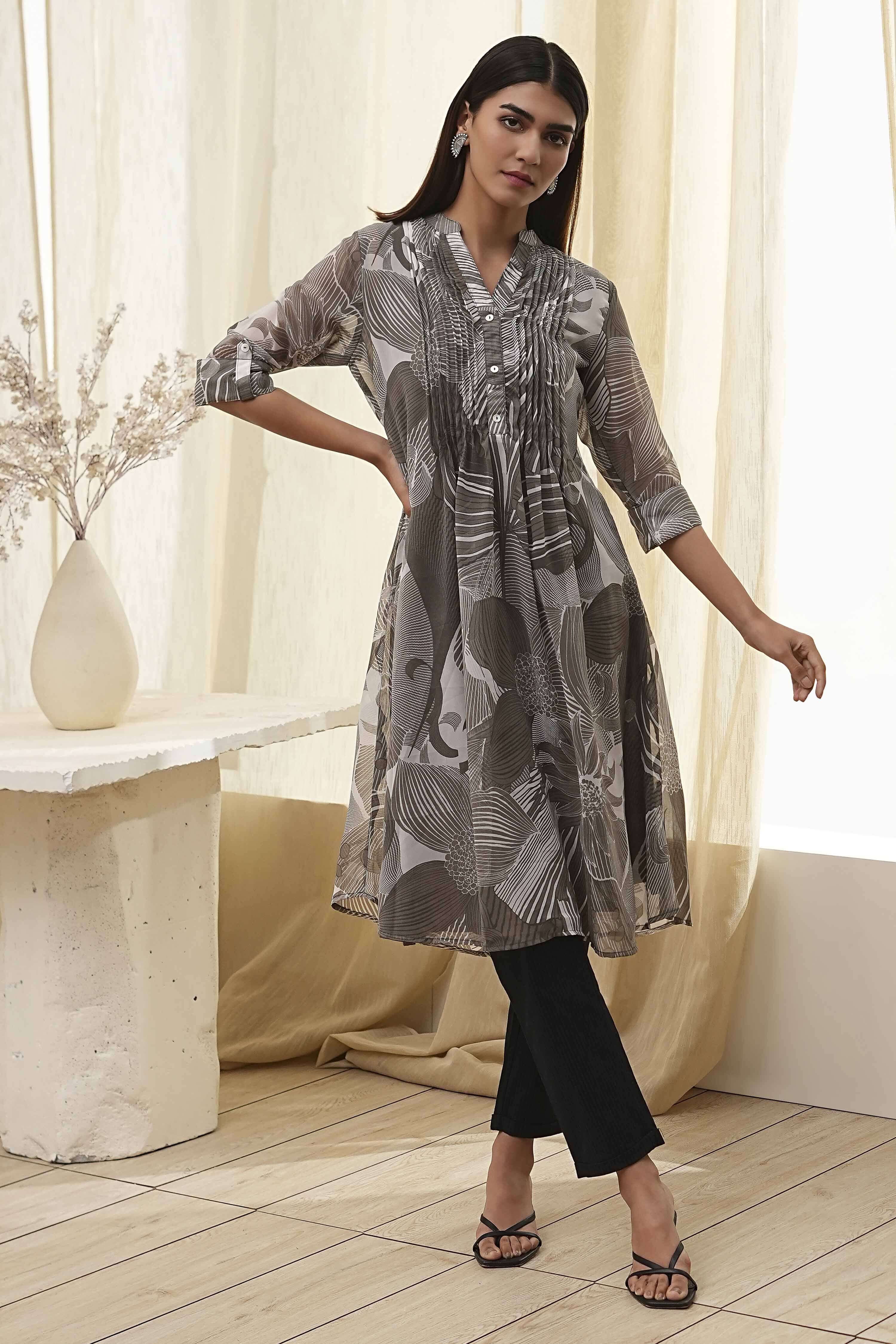 Grey Printed Pleated A-Line Kurta image number 6