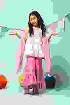 Off White & Peach Cotton Gathered Kurta Garara Suit Set image number 7